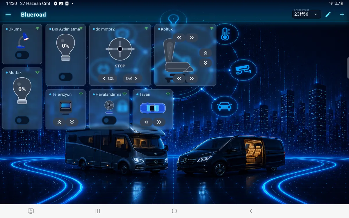 Blueroad kontrol paneli — tablet görünüm