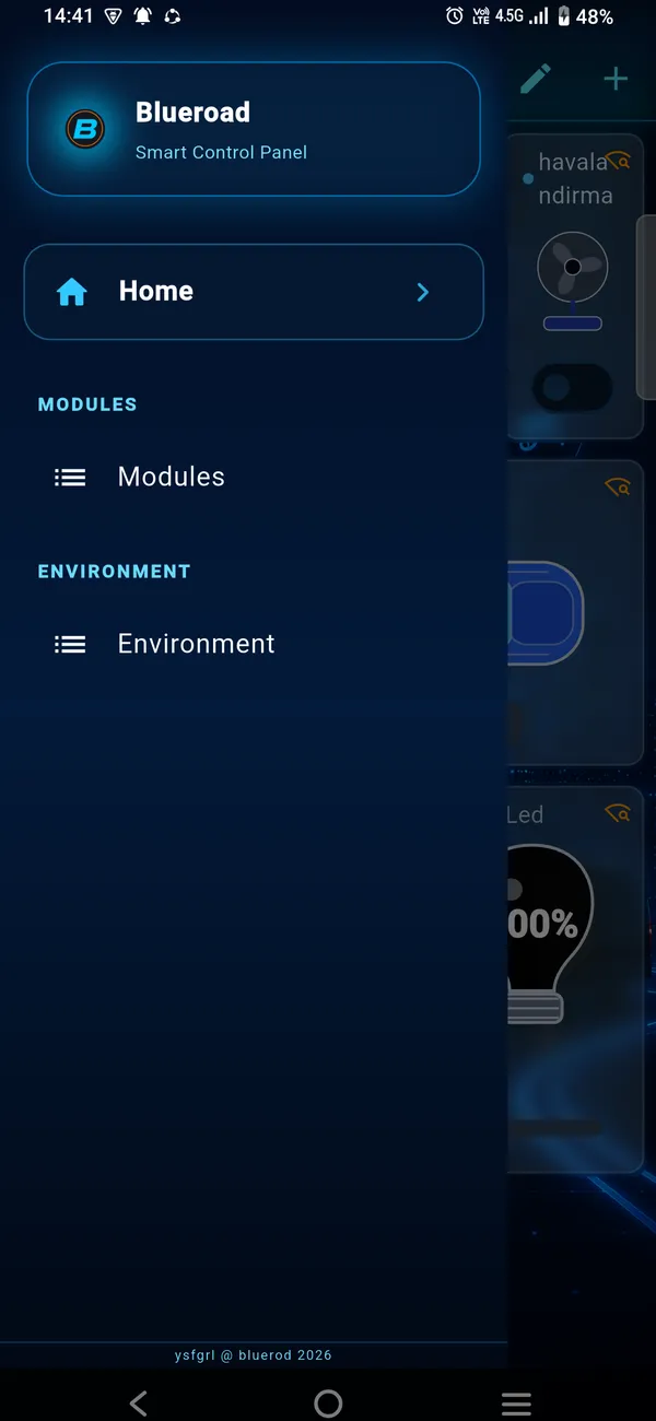 Blueroad mobil uygulama menü